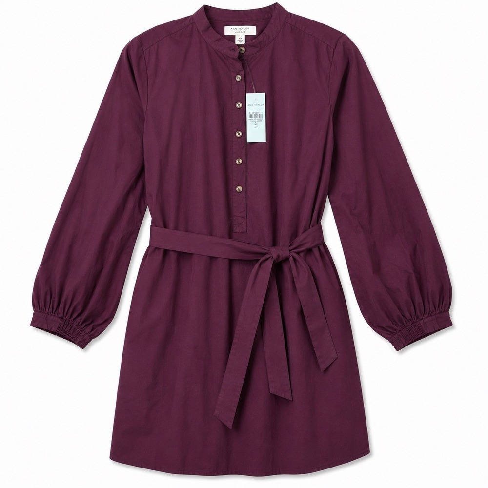 Ann Taylor Weekend Petite Womens Medium Shirt Dress Burgundy Cotton NWT Belted